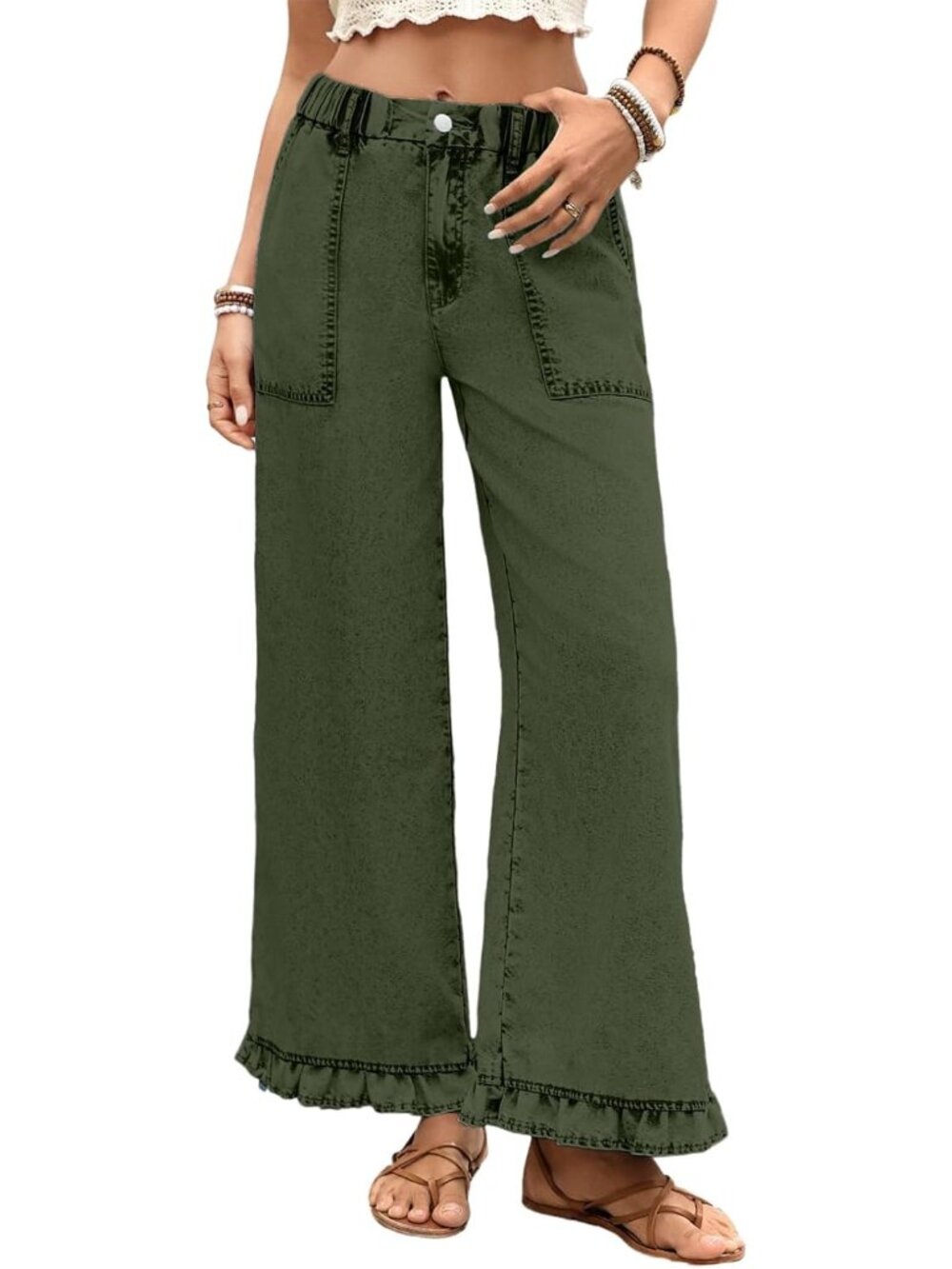 Women's  Moss Green Ruffle Hem Pants High Waisted Baggy Elastic Wide Leg Jean
